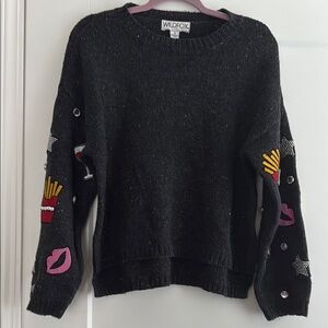 Wildfox Black and Red Crew Neck Sweater with Playful Embroidery